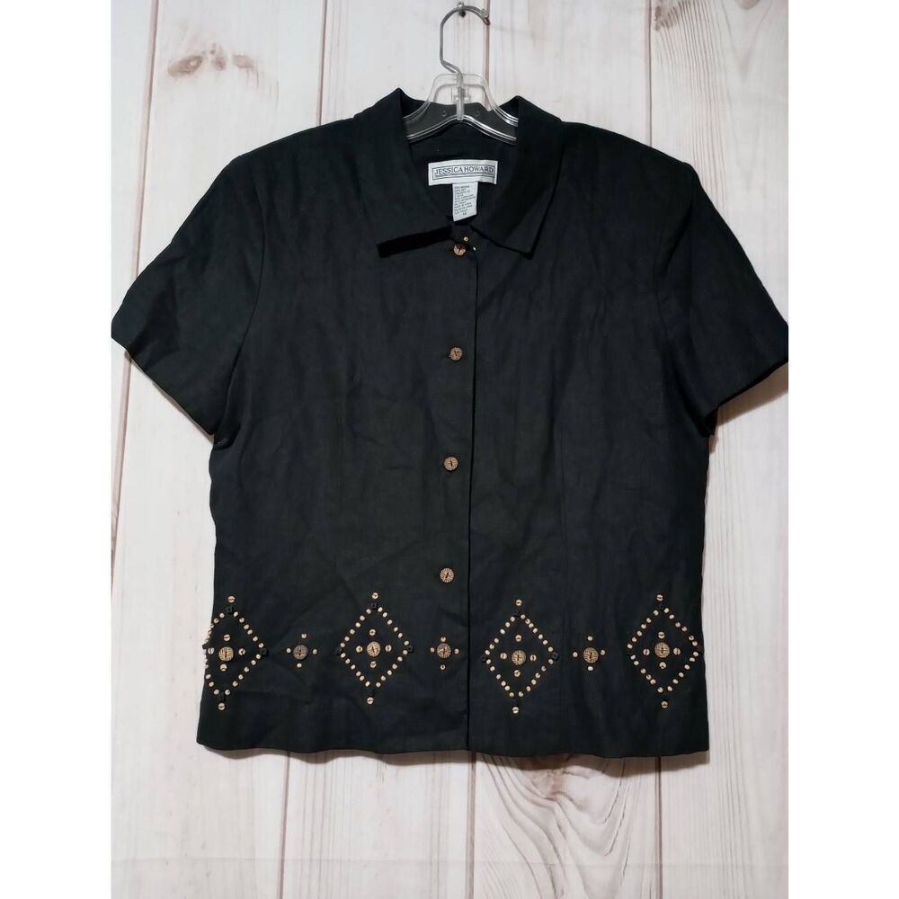 Jessica Howard Shirt Ladies 14 Black Beaded Linen Blend Wooden Button